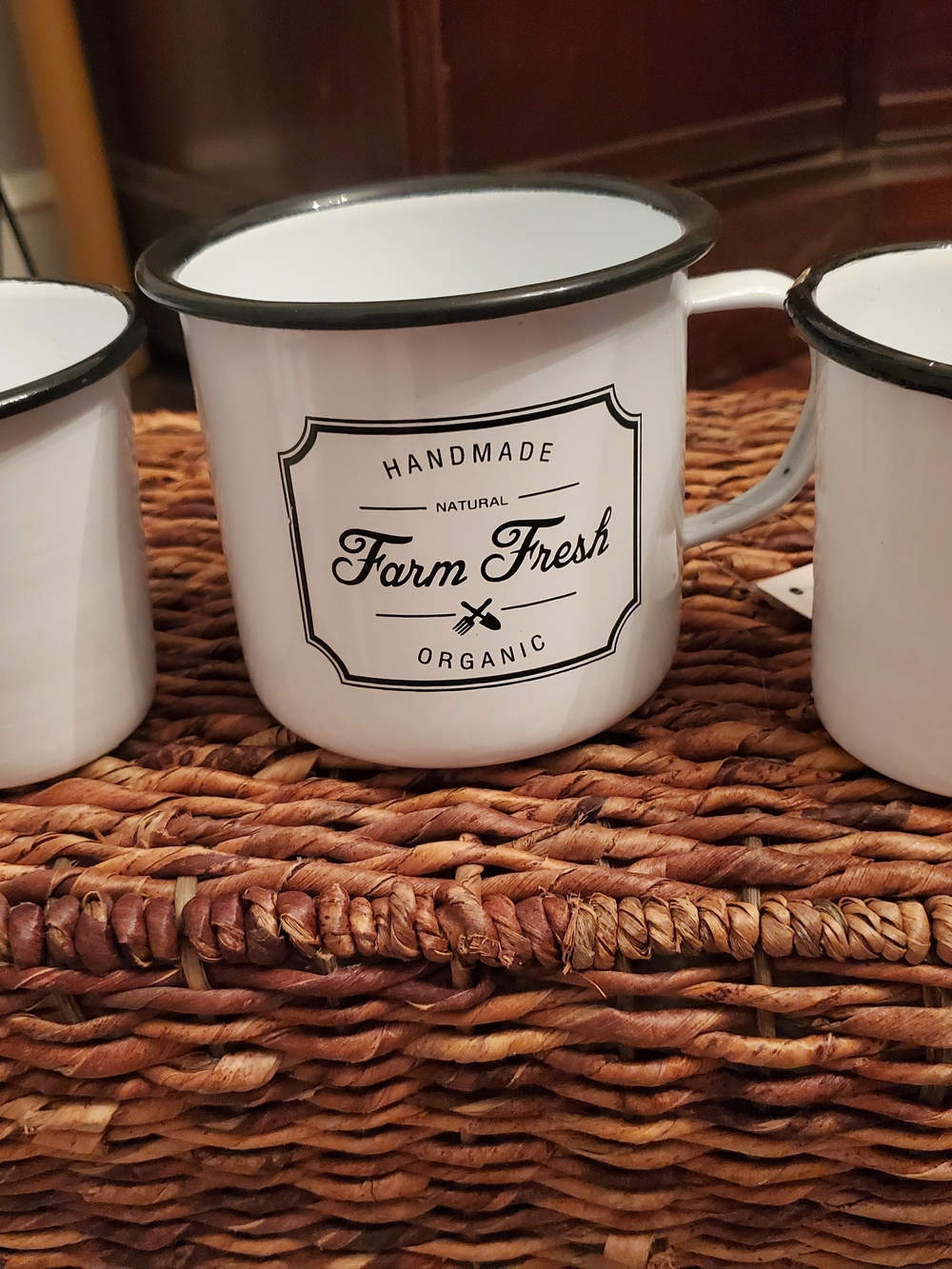 Hobby Lobby White Enamel 'Farm Fresh' Mug with Black Trim